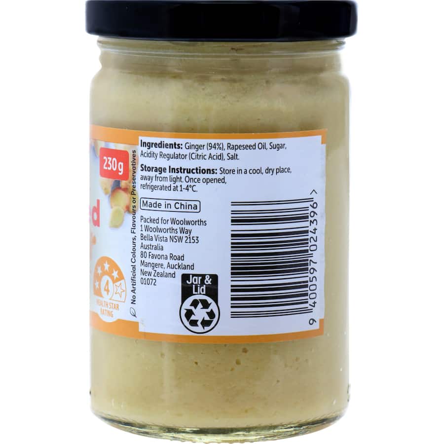 Woolworths Crushed Ginger: pre-crushed, aromatic ginger for enhancing stir-fries, curries, and marinades with vibrant flavor.