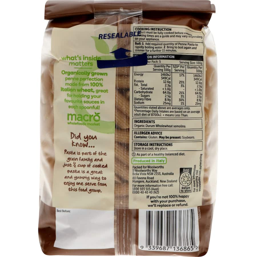 Macro Organic Pasta Penne Wholemeal 500g