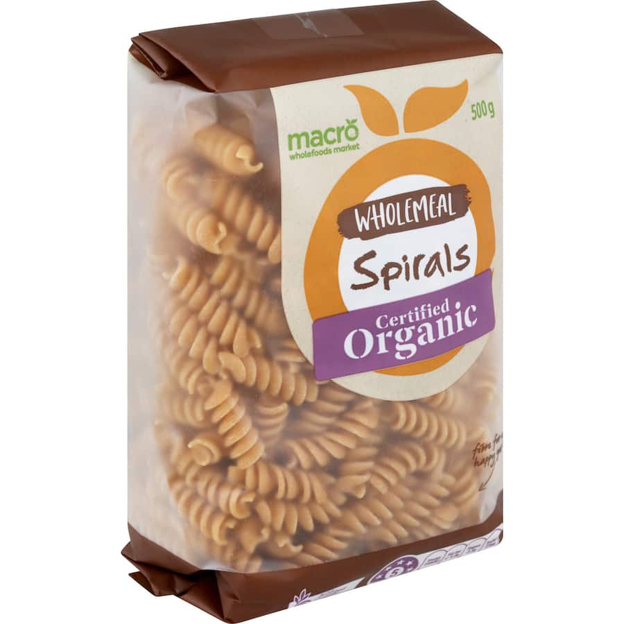 Organic wholemeal pasta spirals rich in fiber and protein, perfect for soups, sauces, and salads.