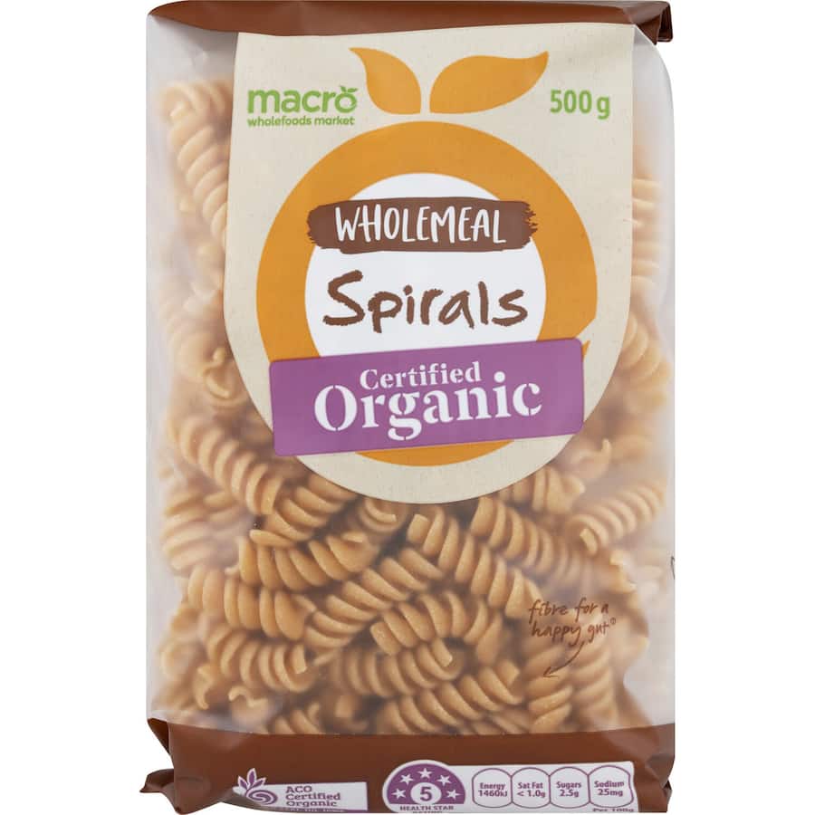 Wholemeal pasta spirals made from organic ingredients, perfect for soups, sauces, and salads. Nutritious and versatile.