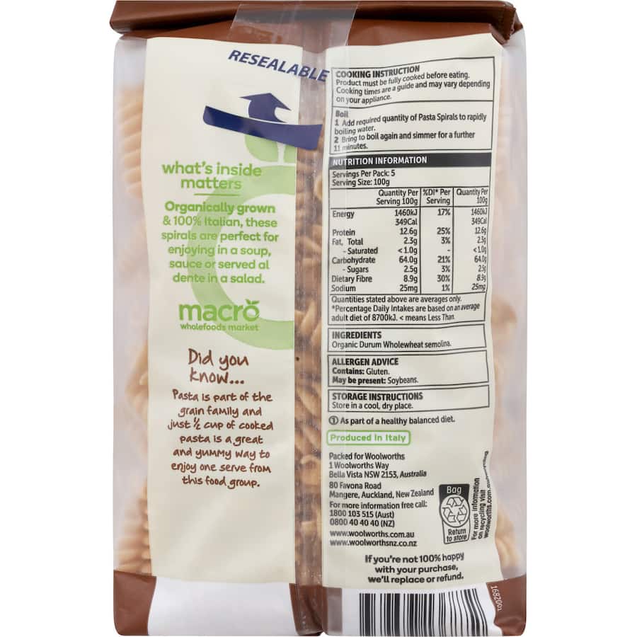 Macro Organic Wholemeal Pasta Spirals in a bowl, showcasing their texture and ideal for nutritious soups, salads, and sauces.