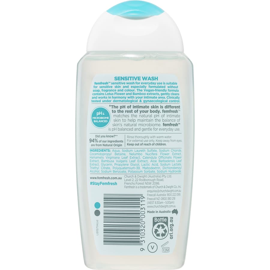 Femfresh Intimate Wash Sensitive - gentle, pH-balanced cleanser for delicate areas, enriched with soothing botanical ingredients.