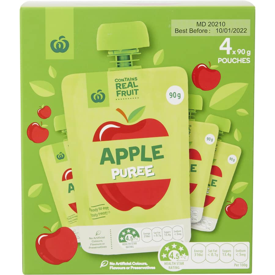 Woolworths Fruit Puree Apples pouches offer wholesome apple goodness, perfect for convenient snacking anytime, anywhere.