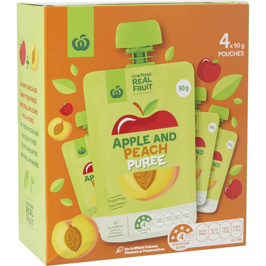 Woolworths Fruit Puree Apples & Peach Pouches 4pack