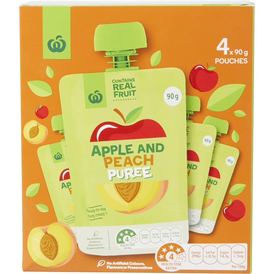 Woolworths Fruit Puree Apples & Peach Pouches 4pack