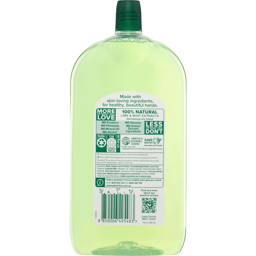 Palmolive Foaming Hand Wash Refill in Lime Mint, antibacterial formula with 95% natural ingredients, kills 99.9% of germs.