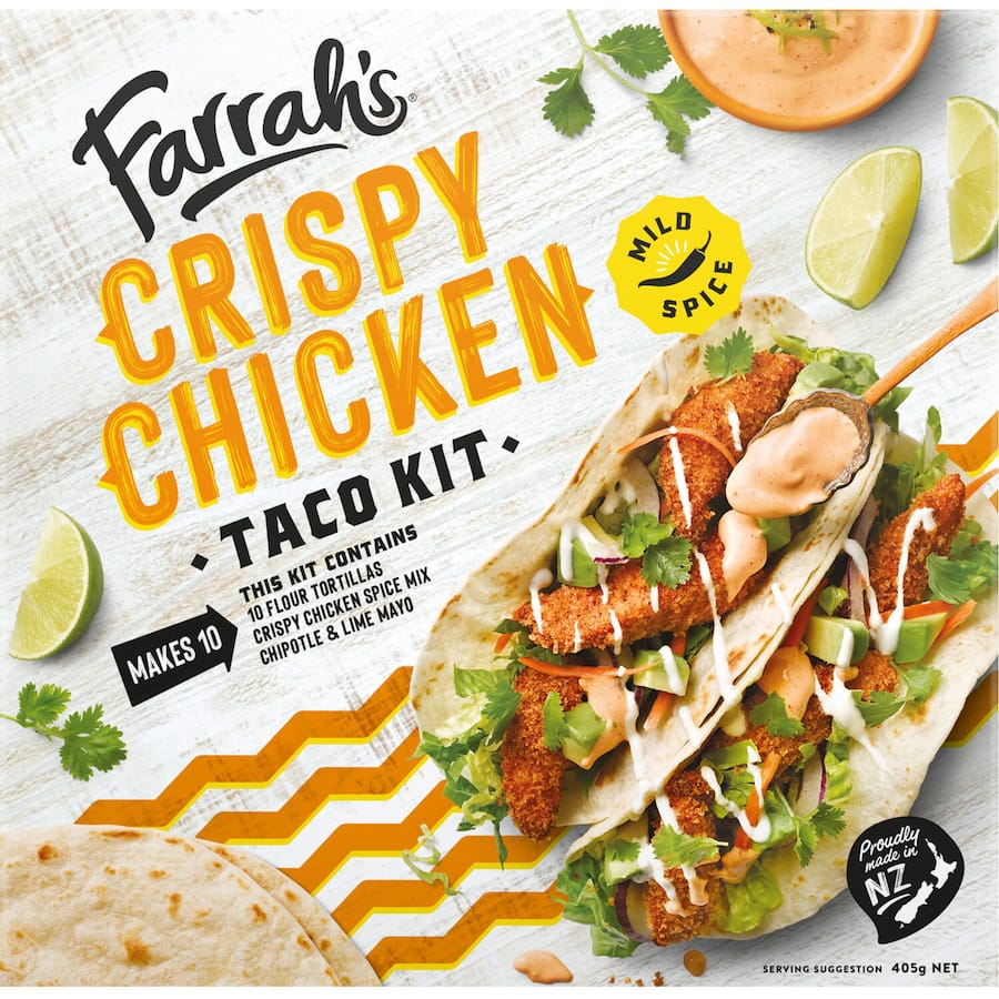 Farrahs Mexican Crispy Chicken Taco Kit featuring crispy taco shells, aromatic seasoning, and fresh salsa for authentic flavor.