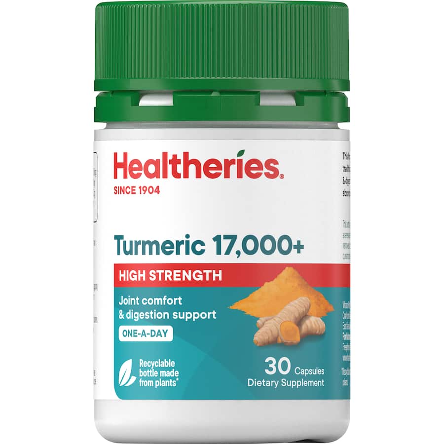 Healtheries Turmeric High Strength 17,000 capsules, delivering 17,000 mg of potent turmeric extract for health and wellness support.