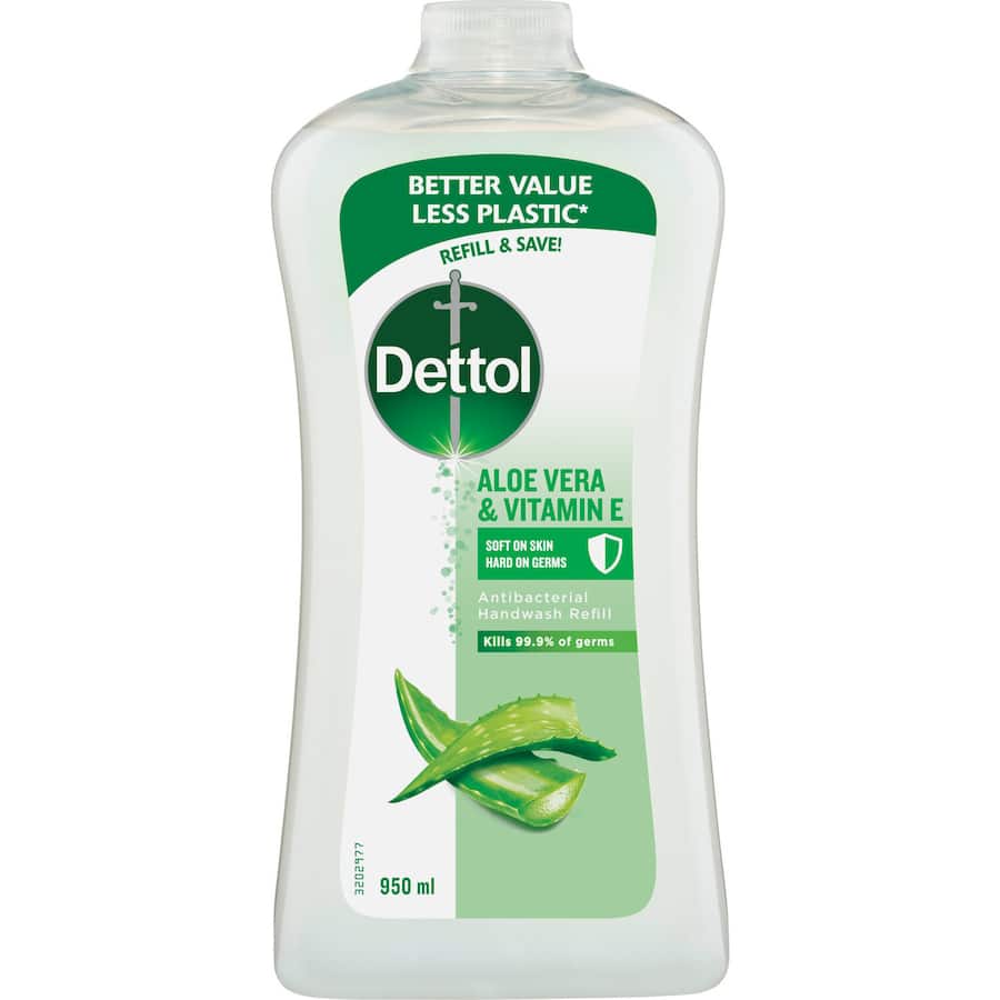 Dettol Antibacterial Hand Wash with Aloe Vera and Vitamin E, offering 99.9% germ protection while keeping hands moisturized.