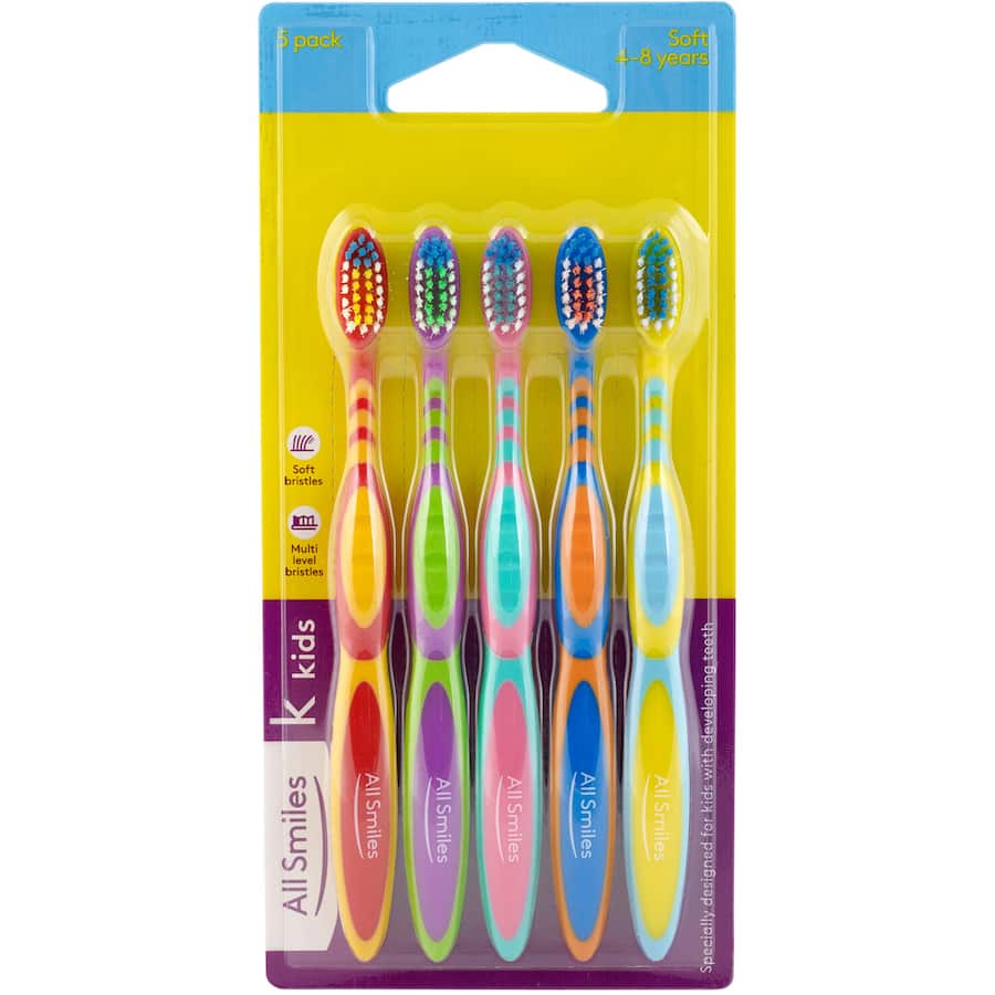 Vibrant 5-pack of soft bristle toothbrushes designed for kids' delicate teeth and gums, promoting fun and effective dental care.