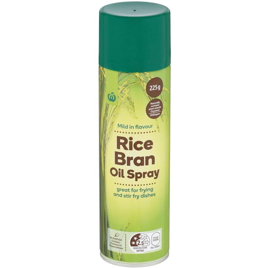 Woolworths Cooking Spray Rice Bran Oil in a 225g bottle, ideal for high-temperature cooking without additives.