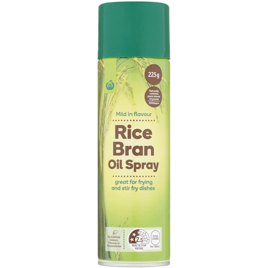 Woolworths Cooking Spray Rice Bran Oil in a 225g bottle, ideal for frying, baking, and grilling without additives.
