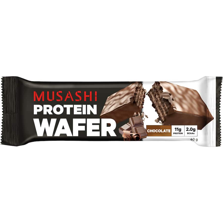 Musashi Protein Bar Chocolate Wafer, a four-layer crunchy treat with protein cream and rich chocolate, perfect for athletes.