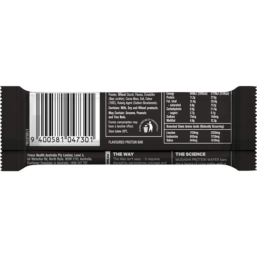 Musashi Protein Bar Chocolate Wafer, a crisp, layered treat filled with protein cream and coated in rich chocolate.