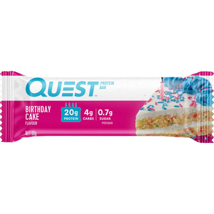 Delicious, guilt-free Quest Protein Bar in Birthday Cake flavor, packed with 21g protein and low in sugar for healthy snacking.
