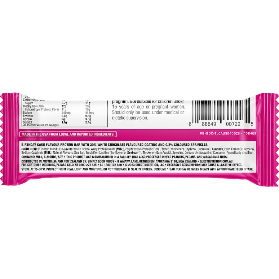 Delicious Quest Bar Birthday Cake protein bar, gluten-free with 21g protein, perfect for guilt-free snacking and fitness.