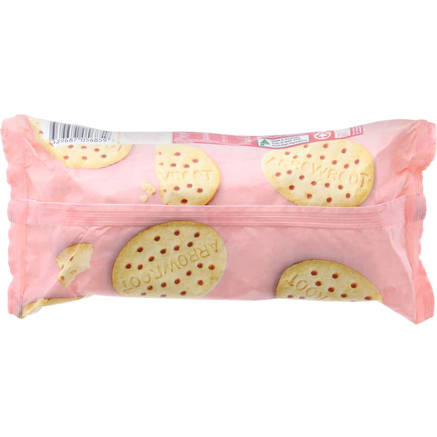 Woolworths gluten-free Arrowroot biscuits, crisp and versatile for snacking or desserts, ideal for gluten-sensitive diets.