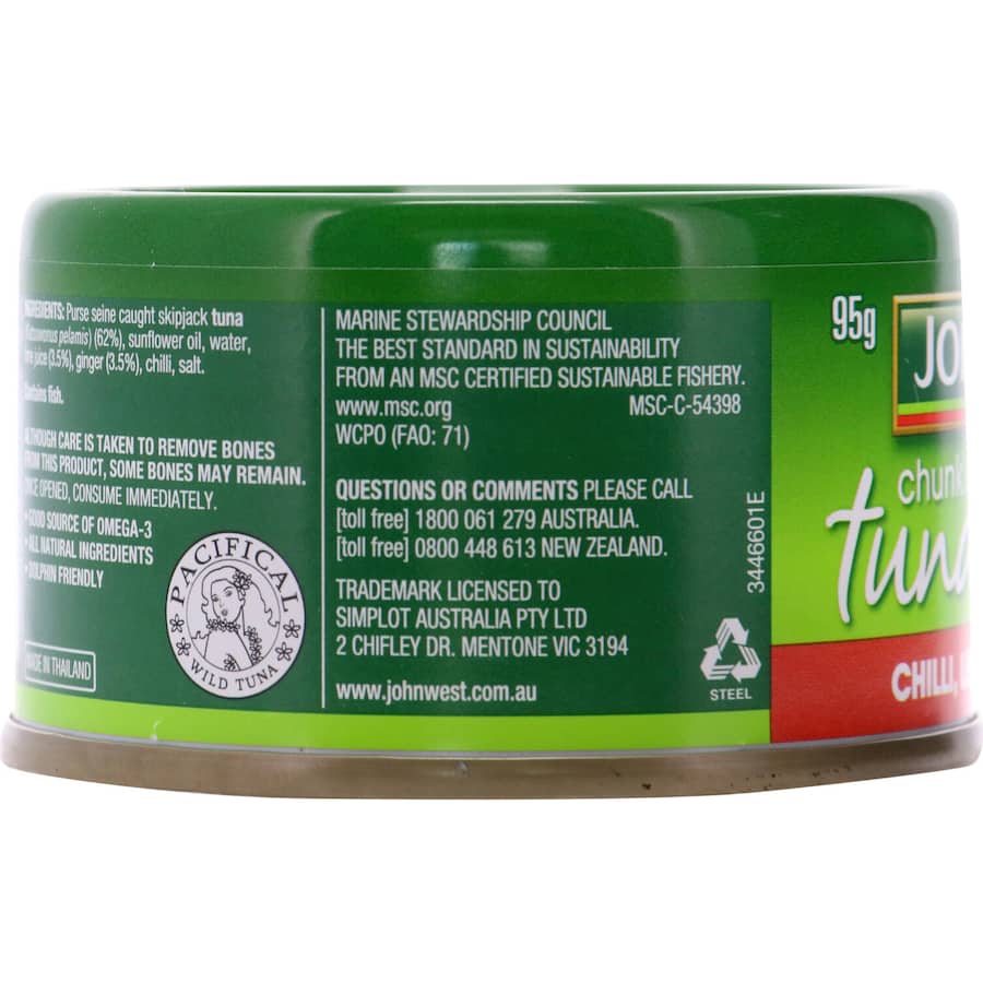 John West Tuna Chunks in Chilli, Lime & Ginger, packed in oil for a zesty, nutritious flavor experience.