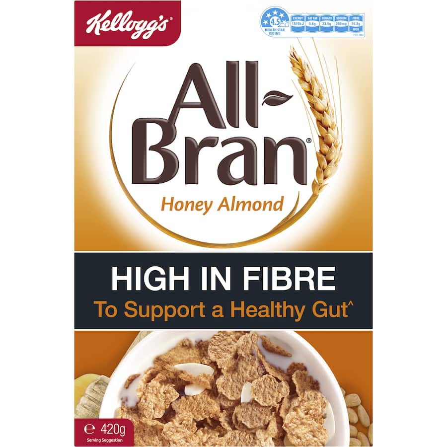 Kellogg's All Bran Cereal with Honey Almond offers a tasty, high-fiber breakfast for digestive health and energy.
