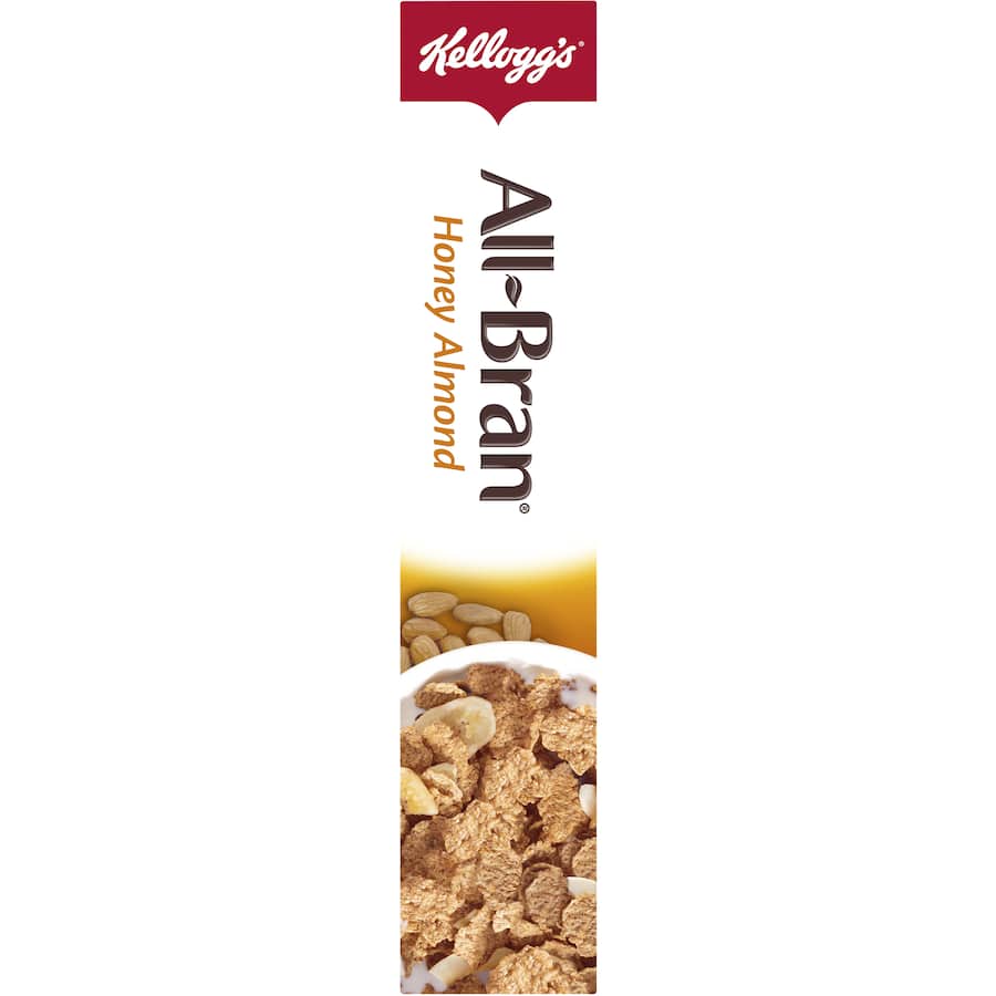 Kellogg's All Bran Cereal with Honey Almond, a high-fiber cereal that supports digestion and adds sweet almond crunch.