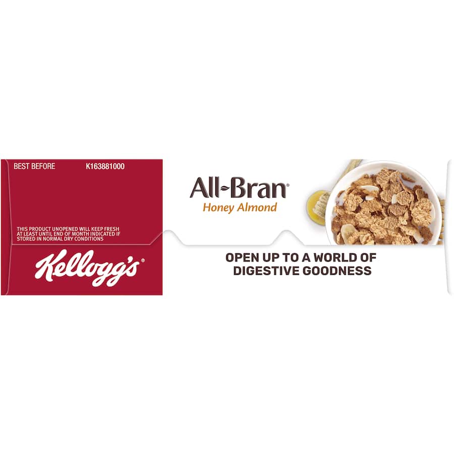 Kellogg's All Bran Cereal with Honey Almond, high in fiber, supports digestive health and offers a tasty breakfast option.