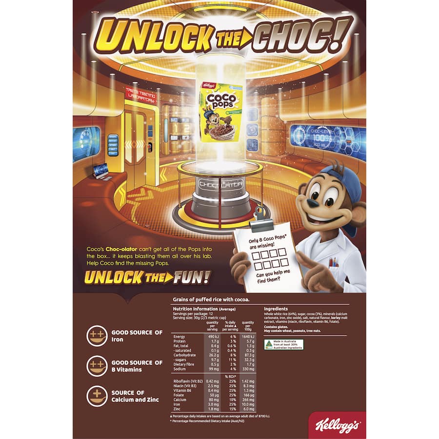 Bowl of Kellogg's Coco Pops Original cereal, showcasing chocolatey crunchy puffs ideal for breakfast or a tasty snack.