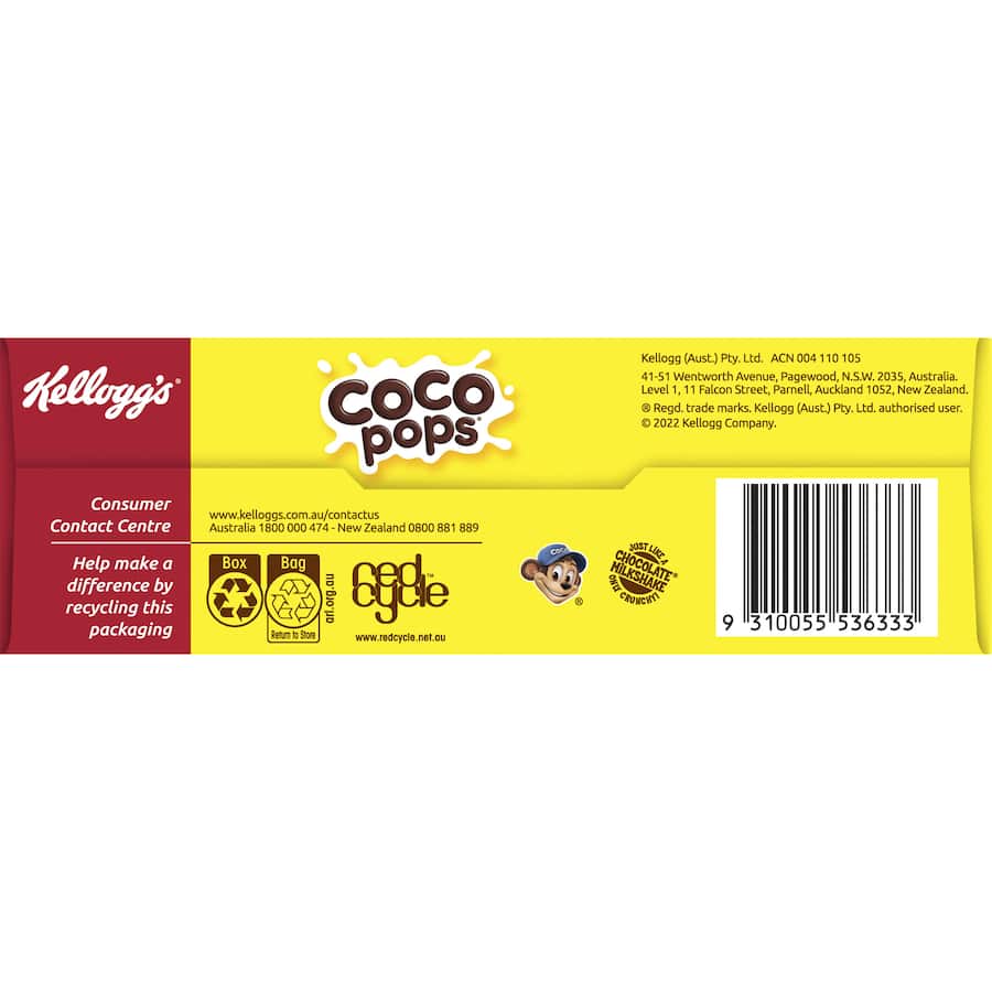 Bowl of Kellogg's Coco Pops Original cereal showcasing crunchy chocolate shapes with milk, perfect for breakfast or snacks.