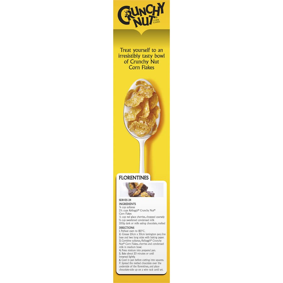 A box of Kellogg's Crunchy Nut Cornflakes with golden flakes, peanut pieces, and honey, perfect for breakfast or snacks.
