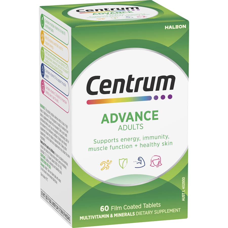 Centrum Advance Adults Daily Multivitamin: essential vitamins and minerals for overall health, energy, and immune support.