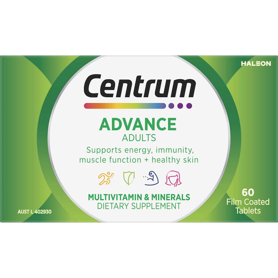 Centrum Advance multivitamin for adults, featuring essential nutrients for energy, immunity, muscle health, and radiant skin.
