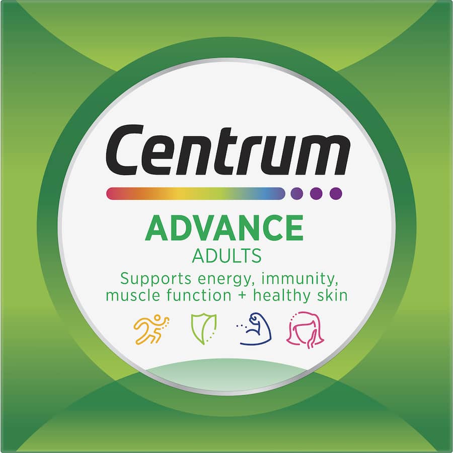 Centrum Advance Adults Multivitamin: Daily support with key nutrients for energy, immunity, skin health, and muscle function.