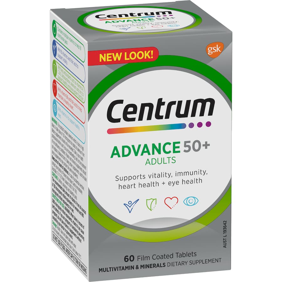 Centrum Advance 50+ multivitamins for adults, supporting energy, eye health, immunity, and heart health for healthy aging.