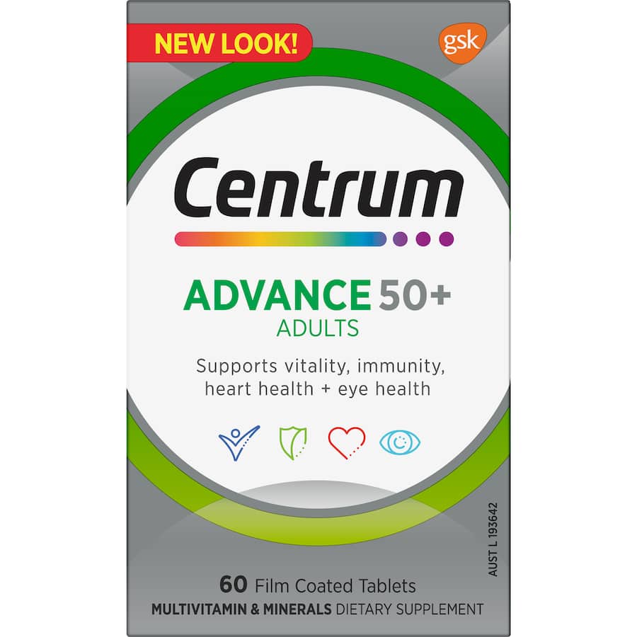 Centrum Advance 50+ multivitamin tablets for healthy aging, boosting energy, immunity, heart, and eye health.