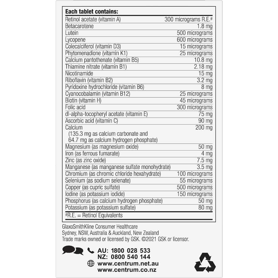 Centrum Advance 50+ multivitamin supports energy, eye health, immunity, and heart health for individuals aged 50 and above.