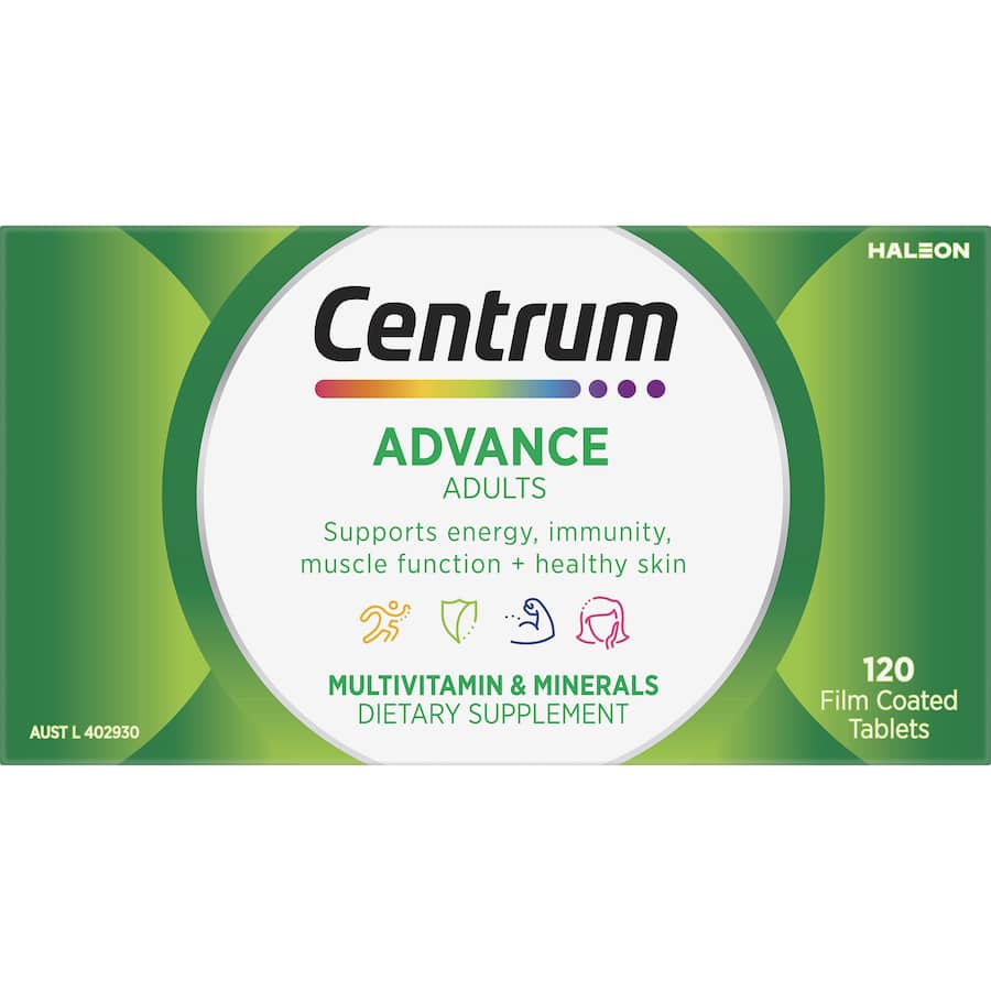 Centrum Advance 50+ multivitamin tablets promoting energy, eye health, immunity, and heart wellness for individuals aged 50 and above.