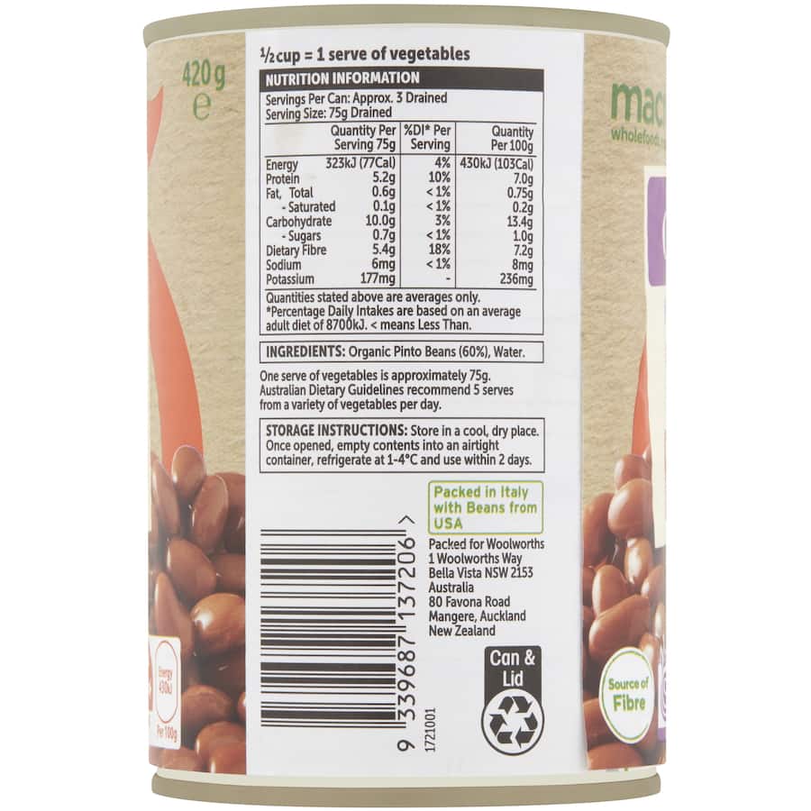 Macro Organic Beans Pinto No Added Salt Can 420g