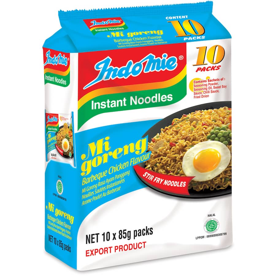 A multi-pack of Indomie Mi Goreng instant noodles with savory BBQ chicken flavor, ready in 3 minutes.