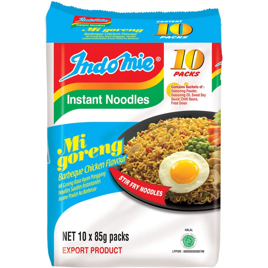 Indomie Mi Goreng BBQ Chicken Instant Noodles multi-pack, quick 3-minute meal bursting with savory flavor.