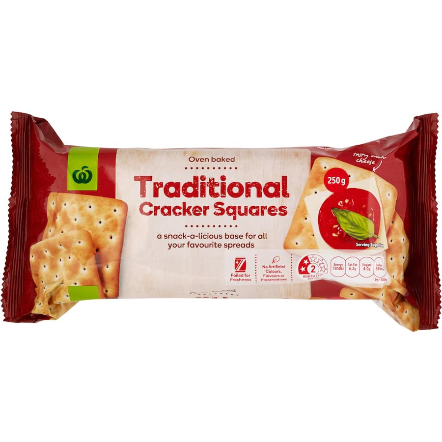 Crispy Woolworths Traditional Crackers, made from wheat flour, perfect for pairing with cheese or spreads, no artificial additives.
