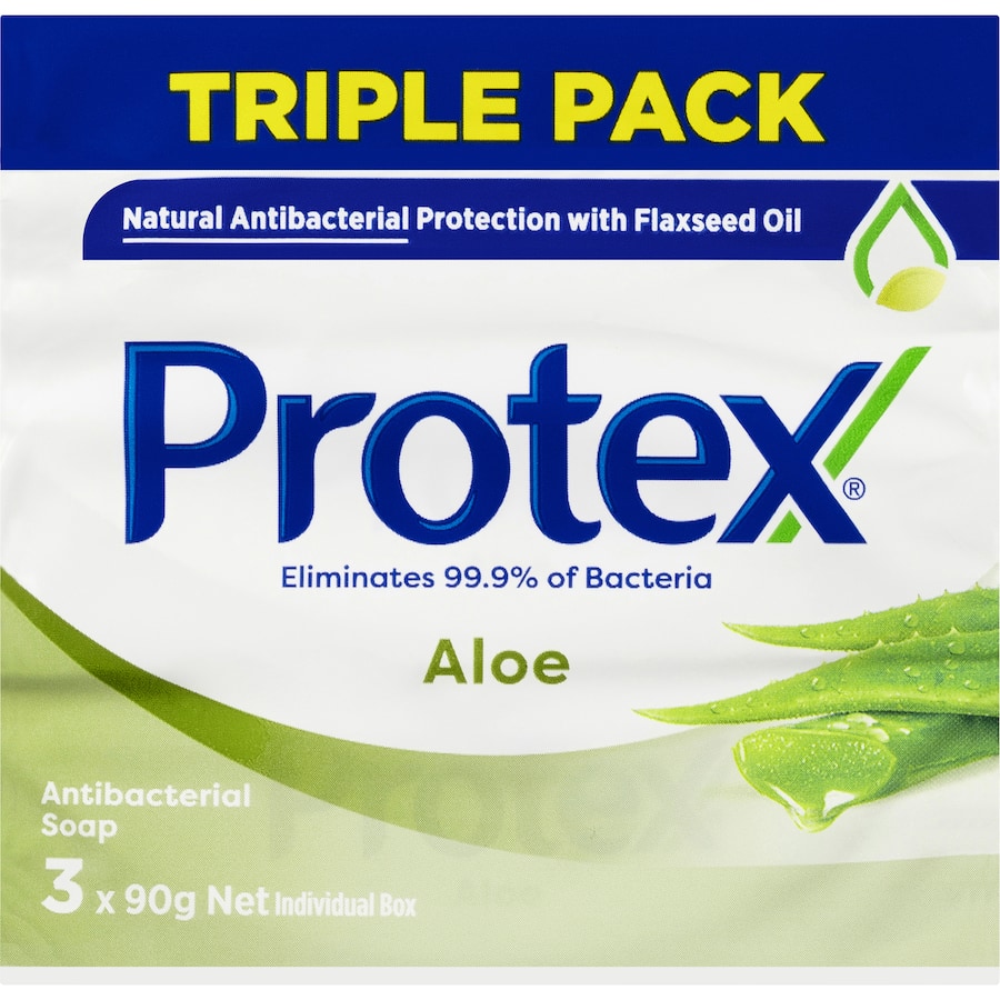 Protex Antibacterial Bar Soap with Aloe Extract, effective skin care for families, eliminates 99% of bacteria, gentle and moisturizing.