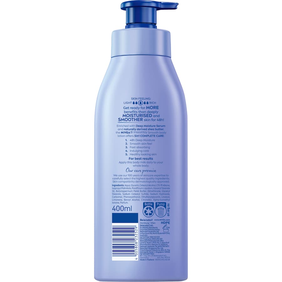 NIVEA Body Lotion Irresistibly Smooth: hydrating lotion with shea butter for 48-hour moisture and silky, smooth skin.