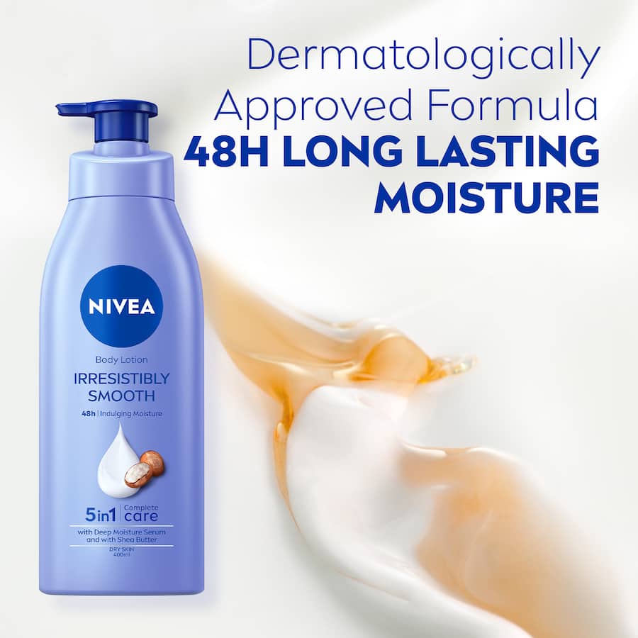 NIVEA Irresistibly Smooth Body Lotion with shea butter provides 48 hours of deep moisture and fast-absorbing care for soft skin.