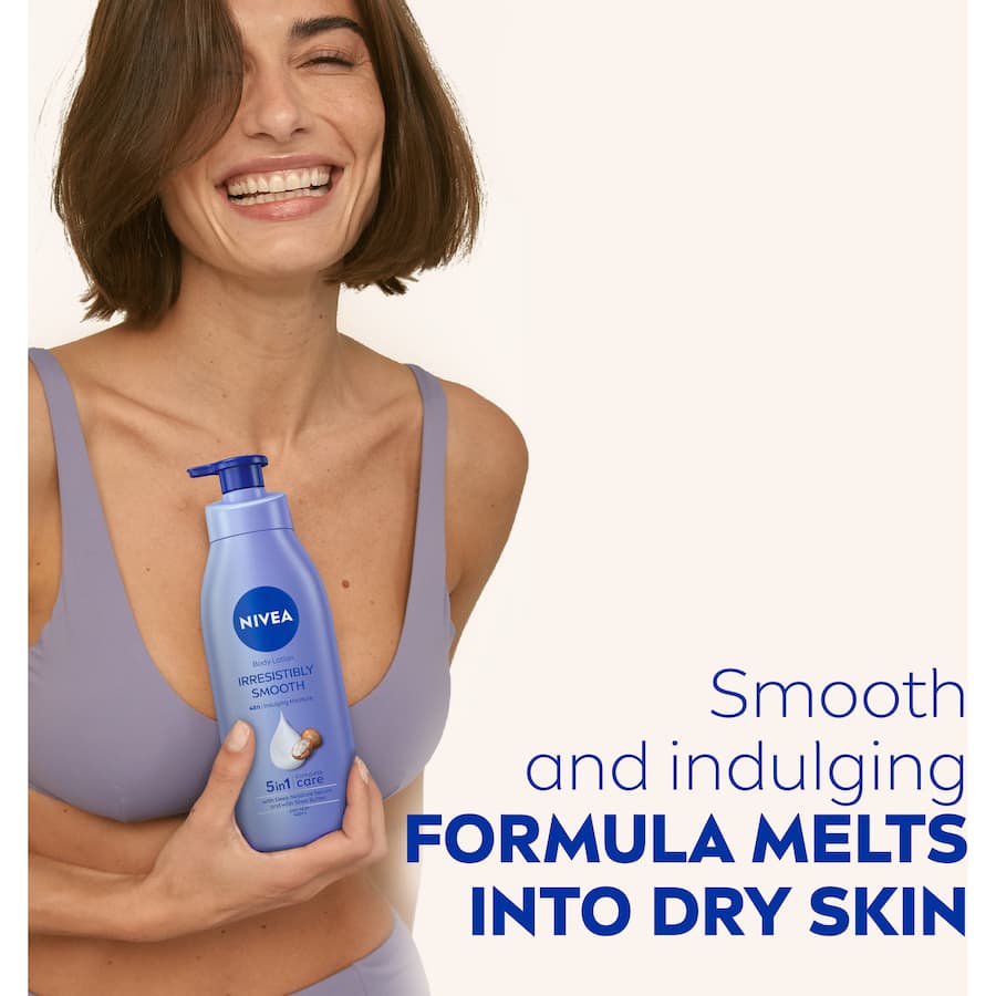 NIVEA Body Lotion Irresistibly Smooth, enriched with shea butter for 48 hours of deep moisture and a silky, non-greasy finish.