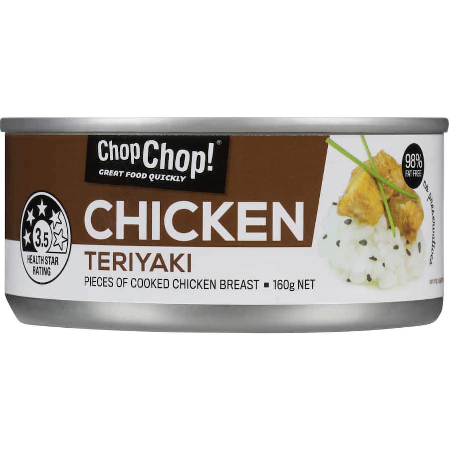 Chop Chop Canned Chicken Teriyaki: 98% fat-free, convenient meal, tender chicken in savory teriyaki sauce, ready in minutes.