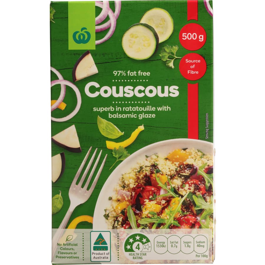 Woolworths Couscous 500g package, a versatile and nutritious pantry staple, perfect for salads and hearty meals.