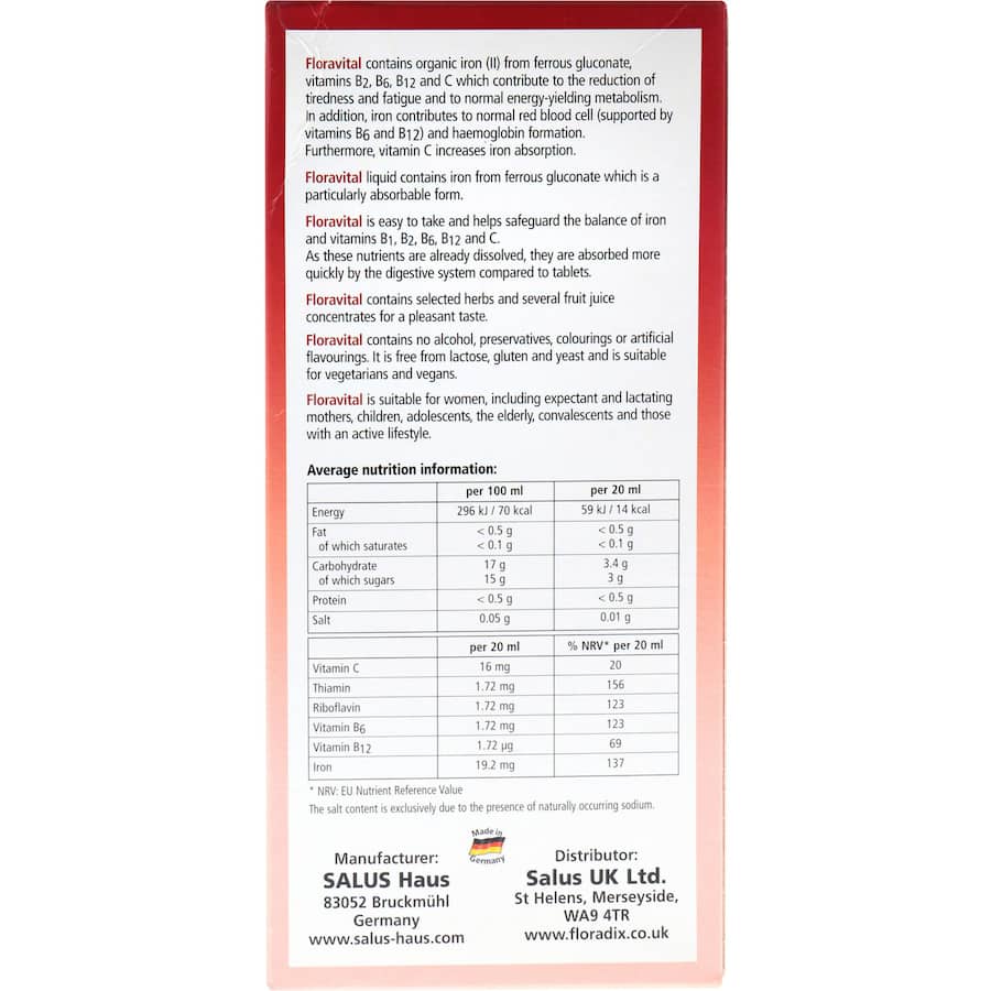 Floradix Floravital Iron & Vitamin Formula Vegan & Gluten Free Tonic 500mL