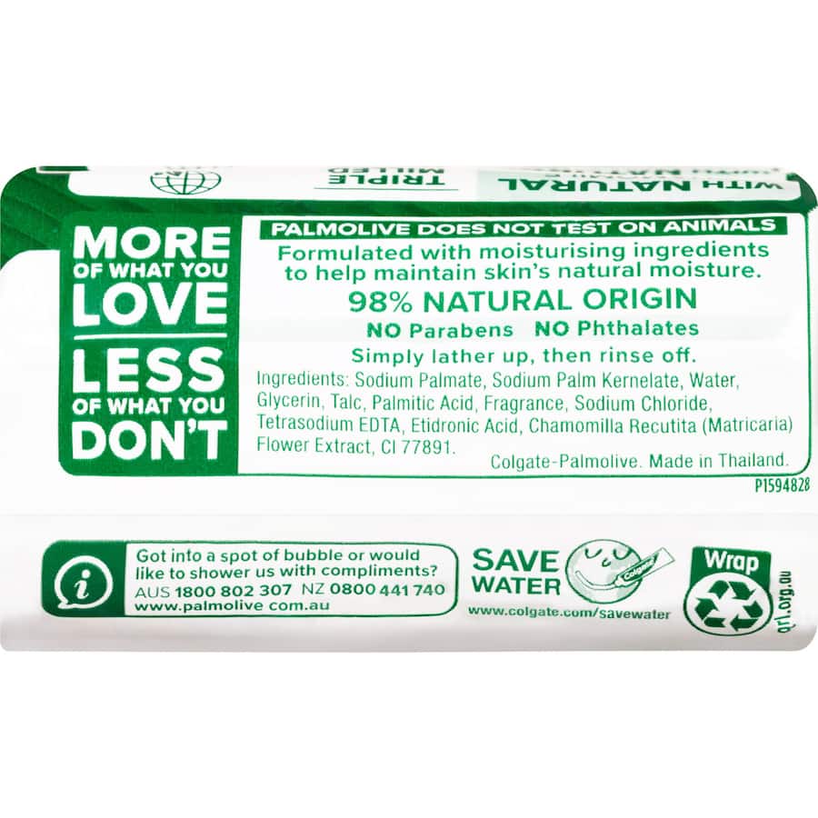 Palmolive Naturals Bar Soap Chamomile offers a soothing, gentle cleanse with 98% natural ingredients and calming chamomile extract.