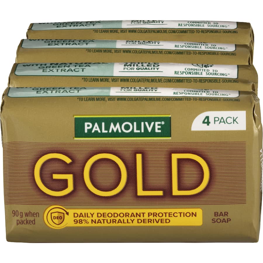 Palmolive Gold Soap with deodorant protection, infused with green tea and herbal aromas for a refreshing cleanse.