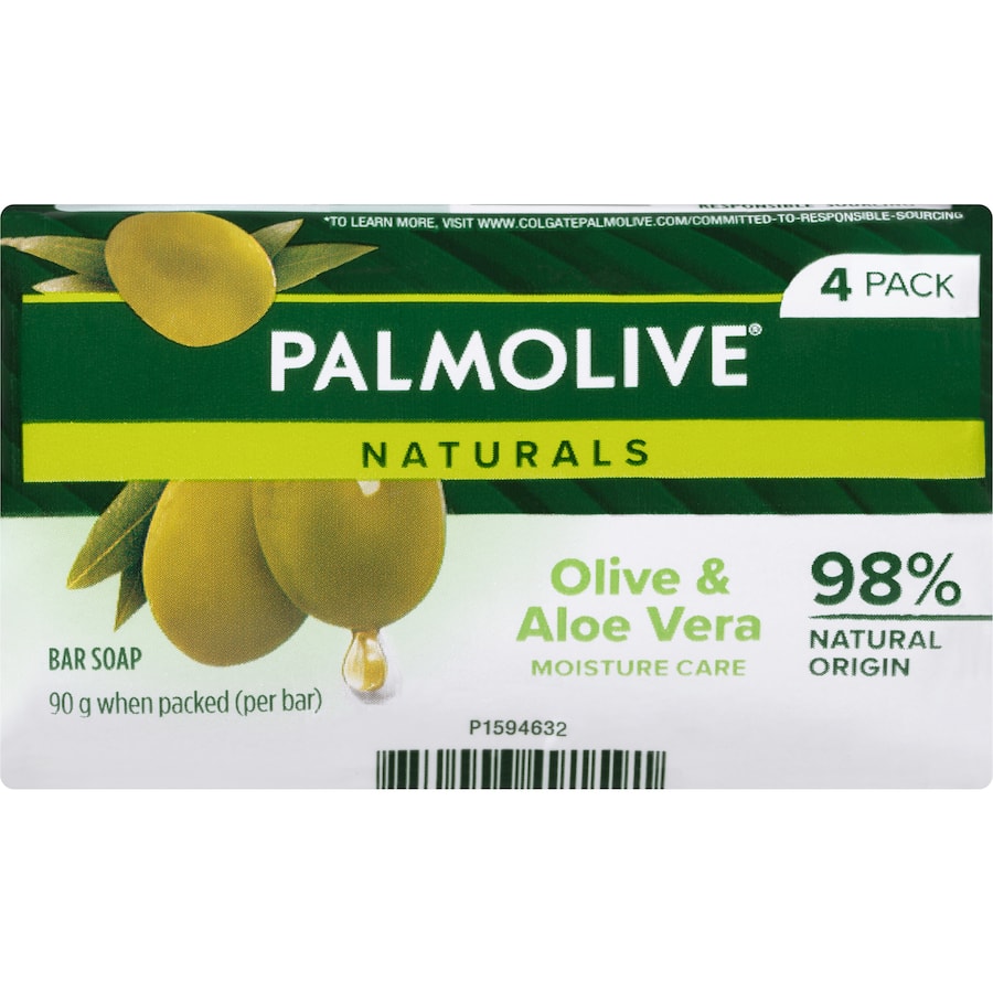 Palmolive Naturals Bar Soap with Olive Oil and Aloe Vera offers a moisturizing, refreshing cleanse with 98% natural ingredients.