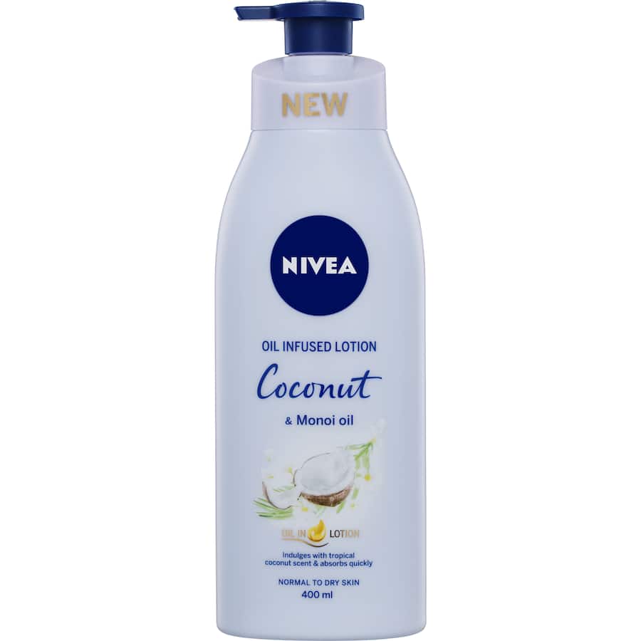 Nivea Body Lotion with Coconut & Monoi Oil, providing 24-hour hydration and a tropical scent for radiant, smooth skin.